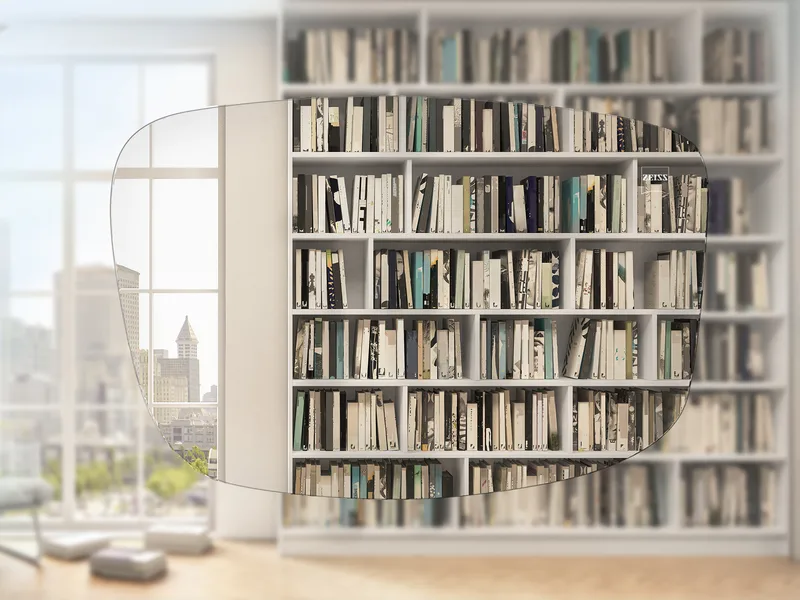 ZEISS Single Vision Superb Lenses, simulated view of a bookshelf and window through a ZEISS Single Vision Superb lens