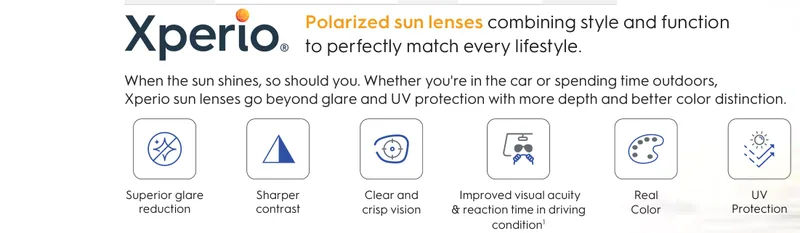 Essilor Xperio SV (Regular Frame) Grey Green Lenses: Xperio logo +  tagline + 6 benefit icons