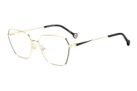 Carolina Herrera HER 0338 RHL gold metal geometric eyeglasses with black acetate temples, three-quarter view
