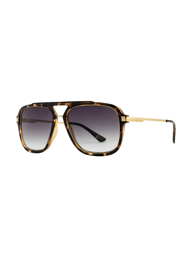 Opium OP-10113 C02 havana acetate double-bridge navigator sunglasses with gold metal temples and grey gradient lenses, three-quarter view on a white background
