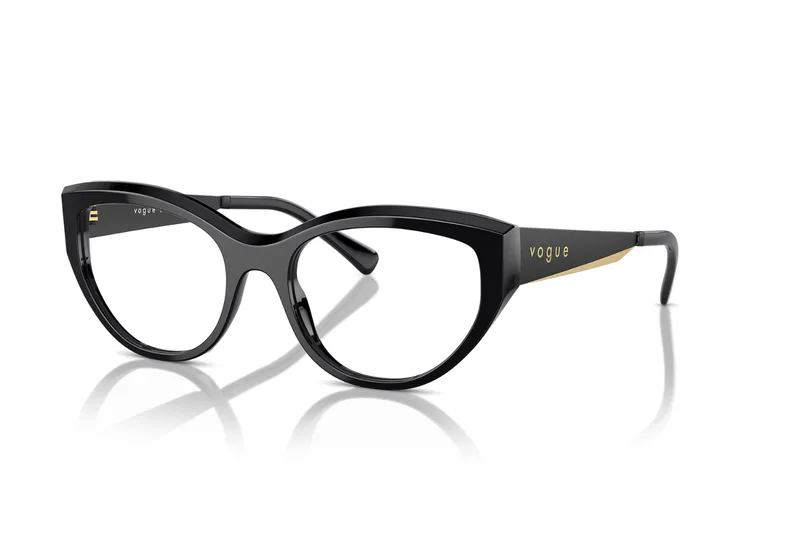 Vogue Eyewear VO5560 eyeglasses, colour W44 black acetate cat-eye frame with gold temple inlay, front three-quarter view