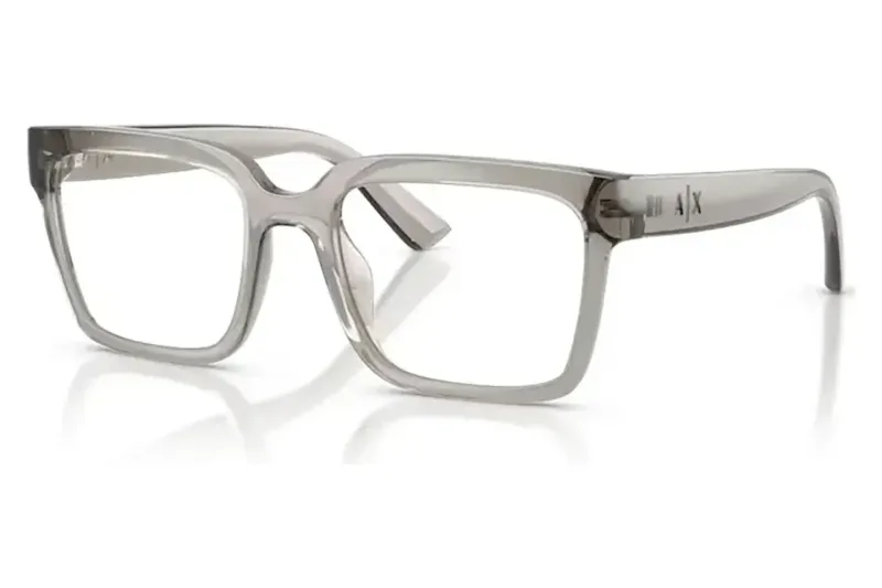 Armani Exchange AX3133U eyeglasses in shiny transparent grey (8394), front three-quarter view