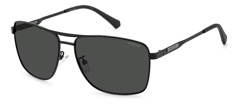 Polaroid PLD 2136/G/S/X navigator sunglasses in matte black metal with grey polarised lenses (003/M9), front three-quarter view