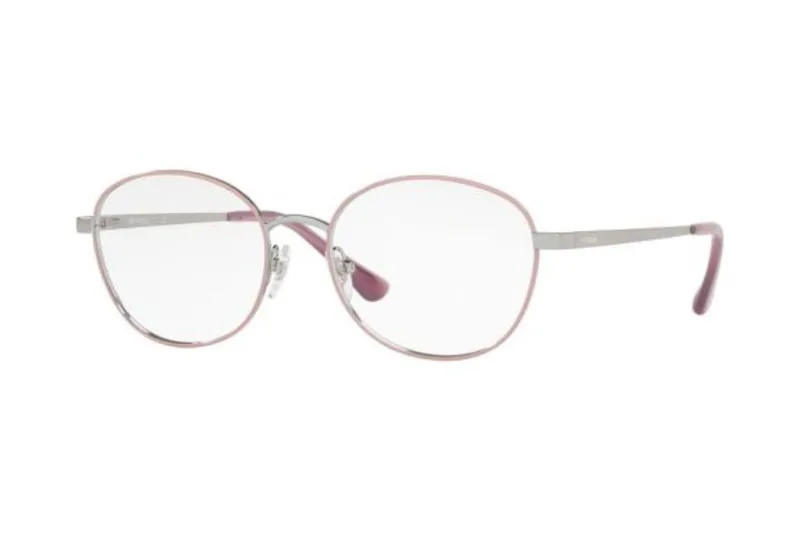Vogue Eyewear VO4125I eyeglasses, colour 5116 silver and pink round metal frame with plum temple tips, front three-quarter view