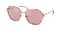Michael Kors Seoul MK1114 11089L transparent pink sunglasses with rose gold metal temples and pink flash lenses, three-quarter view