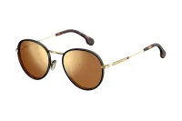Carrera 151/S J5G gold round sunglasses with black rims and brown-gold mirror lenses, three-quarter view