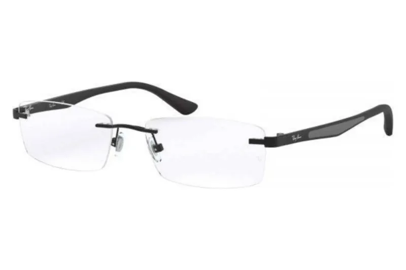 Ray-Ban RX6326 rimless rectangular eyeglasses in matte black (2509) with grey temple insert, front three-quarter view