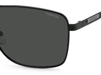 Polaroid PLD 2136/G/S/X close-up of grey polarised lens and matte black temple with Polaroid plaque