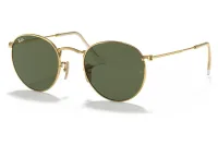 Ray-Ban RB3447N 001 round metal in Arista gold with green G-15 lenses, front three-quarter view