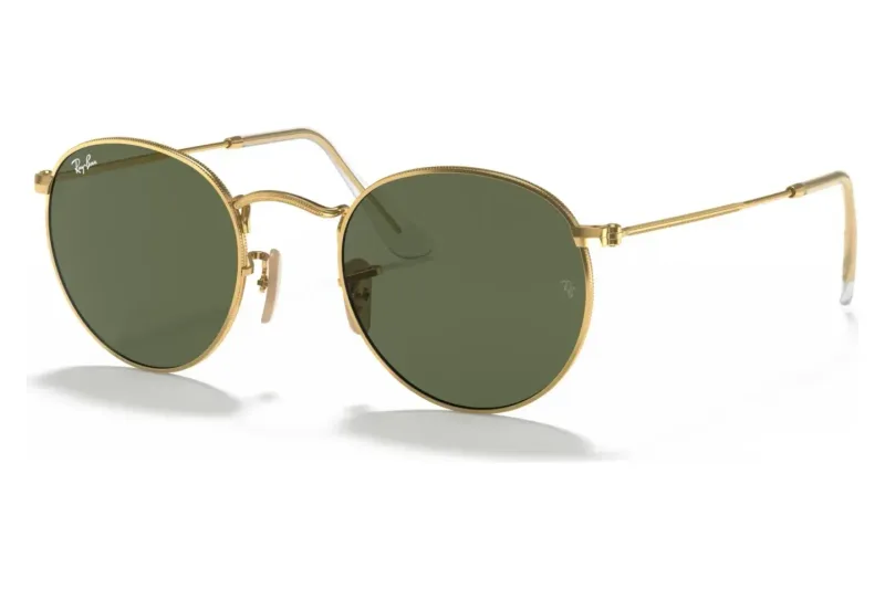 Ray-Ban RB3447N 001 round metal in Arista gold with green G-15 lenses, front three-quarter view