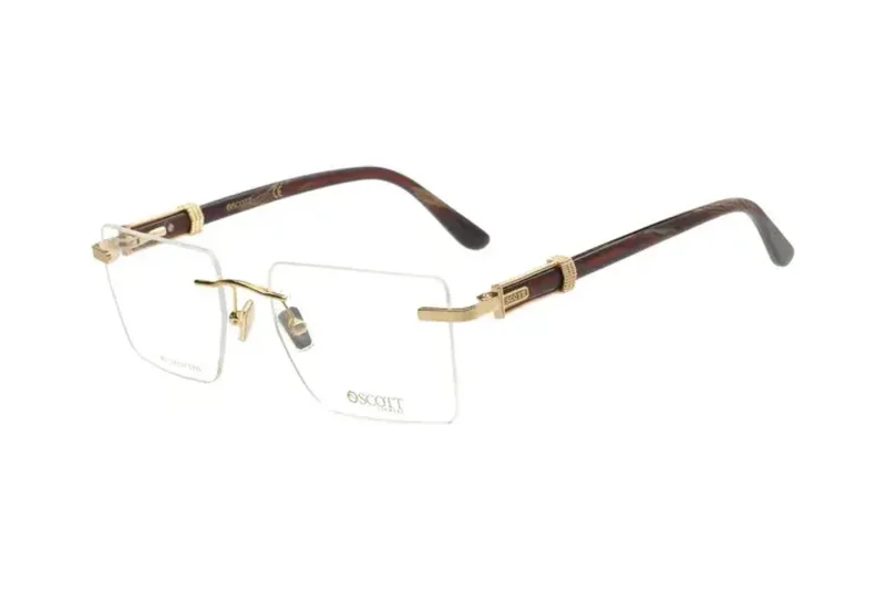 Scott SC 9049 rimless rectangular eyeglasses in gold with brown wood-effect temples, front three-quarter view