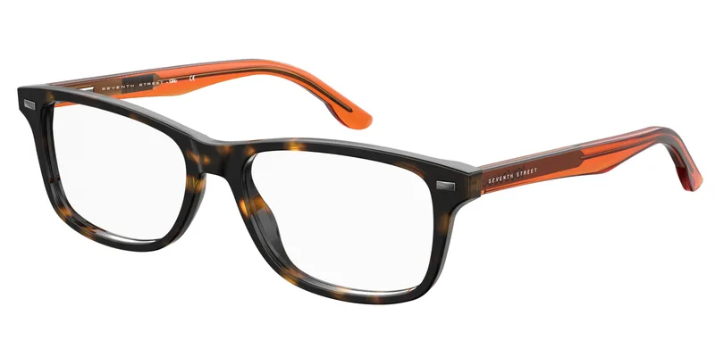 S 306 kids' rectangular eyeglasses in havana with translucent orange temples (L9G), front three-quarter view