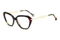 Carolina Herrera HER 0349 086 havana acetate cat-eye eyeglasses with burgundy inner rim and gold temples, three-quarter view