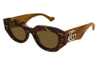 Gucci GG1421S sunglasses in havana (009) with honey temples, gold GG logo and brown lenses, front three-quarter view