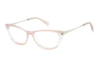 Pierre Cardin P.C. 8505 8XO pink crystal cat-eye eyeglasses with crystal studs and light gold metal temples, three-quarter view