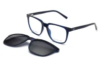 Tommy Hilfiger TH 1080 square acetate frame in C3 transparent navy blue with matching magnetic clip-on sun lens, three-quarter view