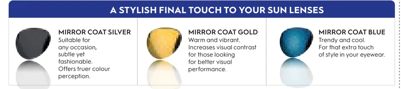 Essilor E Mirror Varilux (Stylistic Wrap and Large Frame) Lenses: A stylish final touch to your sun lenses': Mirror Coat Silver / Gold / Blue lens renders + captions