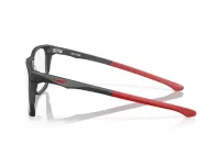 Oakley Hip Tone OX8182 eyeglasses in Satin Light Steel (04), side view showing the HIP TONE temple stamp and red earsock