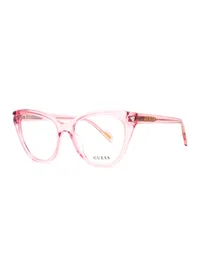 Guess GU50218 cat-eye eyeglasses in translucent pink acetate (072), front three-quarter view