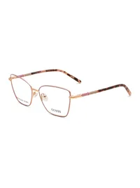 Guess GU50432 stainless steel cat-eye eyeglasses in 074 rose gold with mauve-pink rim and pink havana temples, three-quarter view