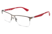Ray-Ban RB6335 2620 half-rim eyeglasses in gunmetal with red temples, front three-quarter view