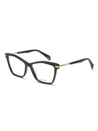 Police VPLD21K cat-eye eyeglasses in shiny black (0700) with gold metal temple cores, three-quarter view