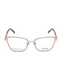 Guess GU50432 cat-eye eyeglasses in 068 rose gold with burgundy rim and dark tortoise temples, front view
