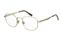 S 330 06J gold metal round-square eyeglasses with havana temple tips, three-quarter view