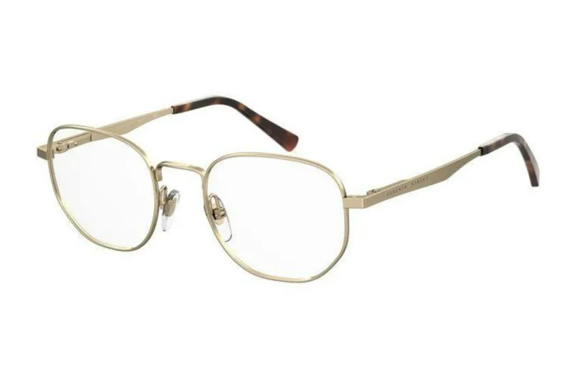 S 330 06J gold metal round-square eyeglasses with havana temple tips, three-quarter view