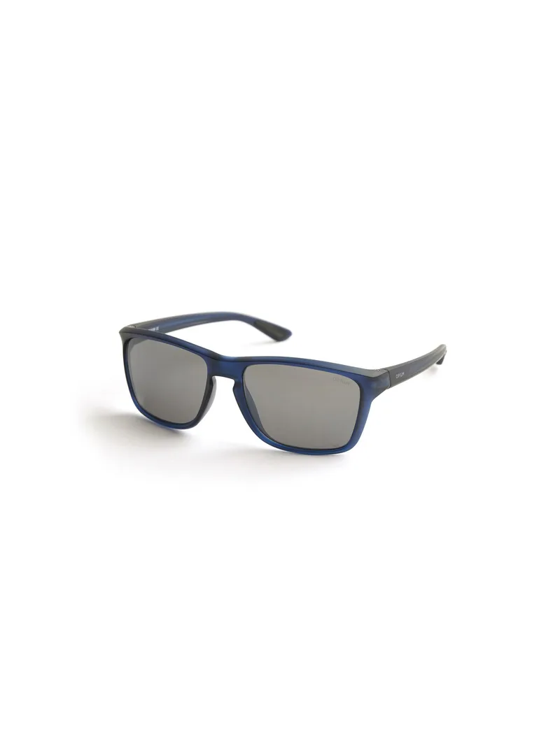 Opium OP-10255 C02 matte blue rectangular sunglasses with grey mirror lenses and OPIUM branding on the temple, three-quarter view on a white background