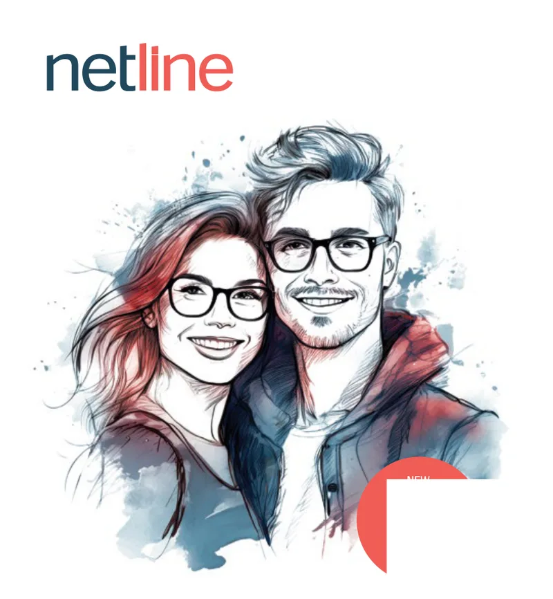 Rodenstock Netline Progressive Start Clear Lenses: netline' wordmark + illustrated couple in spectacles