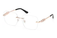 Guess GU50319 028 rimless square eyeglasses in shiny rose gold with a crystal G-link temple, front three-quarter view