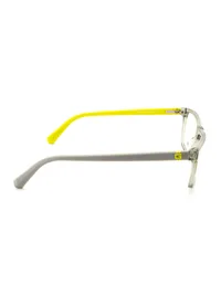 Guess GU50281 020 eyeglasses, side profile showing the grey temple with a yellow G logo and a yellow inner temple