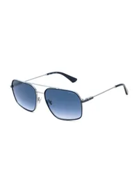 Police SPLR91K 0598 square navigator sunglasses, silver and navy metal frame with gradient blue lenses, front three-quarter view