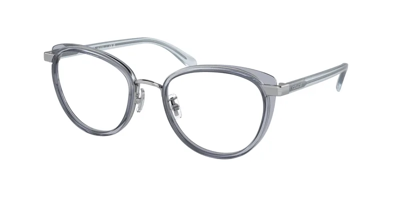 Coach HC5154 eyeglasses in Silver / Transparent Blue (9433), front three-quarter view