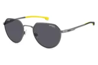 Carrera Ducati CARDUC 036/S sunglasses in matte dark ruthenium R80 with grey lenses and yellow temple tips, front three-quarter view