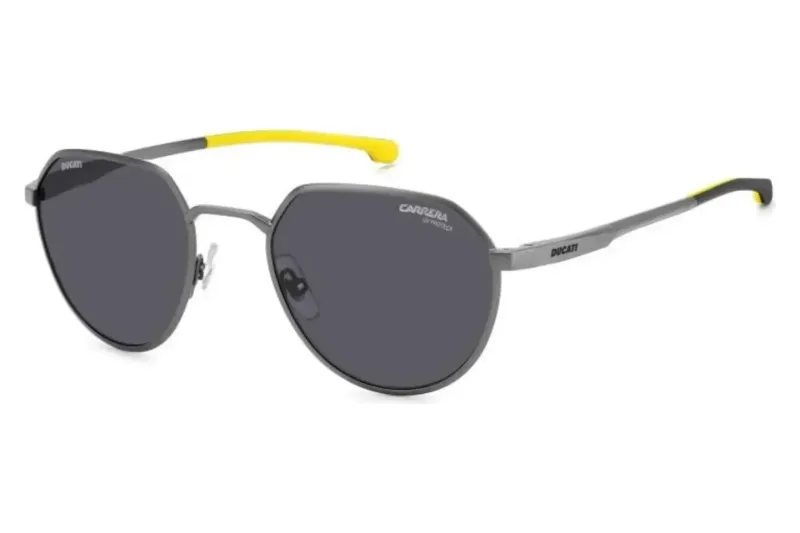 Carrera Ducati CARDUC 036/S sunglasses in matte dark ruthenium R80 with grey lenses and yellow temple tips, front three-quarter view