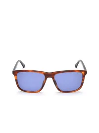 Police SPLE05K square sunglasses in 9N3 striped brown with blue lenses, front view