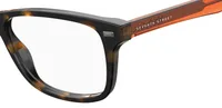 S 306 havana and orange (L9G) eyeglasses, close-up of the hinge and orange temple