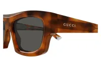Gucci GG1926S sunglasses in havana (005), close-up of the hinge and GUCCI temple logo