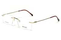 Scott SC5396 C1 gold rimless rectangular eyeglass frame with burgundy temple tips, front three-quarter view