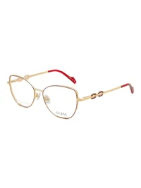 Guess GU50402 stainless steel cat-eye eyeglasses in 066 gold with burgundy rim, chain-link temples and red tips, three-quarter view