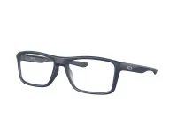 Oakley Rafter OX8178 eyeglasses in Universal Blue (04), front three-quarter view showing the Oakley logo on the temple