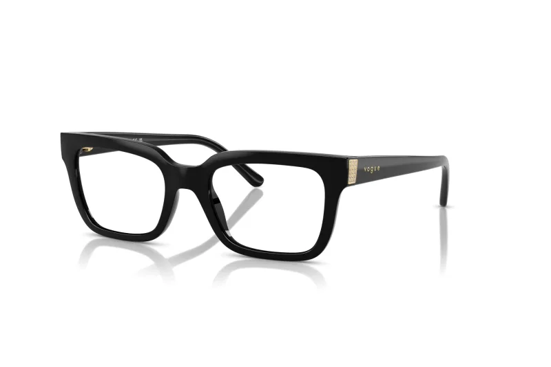 Vogue VO5611B W44 black square eyeglasses with crystal-studded gold temple plaque, front three-quarter view