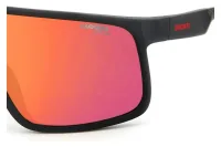 Carrera Ducati CARDUC 017/S close-up of red mirror lens and matte black temple with red Ducati logo