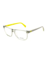Guess GU50281 020 rectangular eyeglasses, transparent grey front with grey and neon-yellow temples, front three-quarter view
