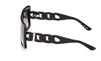 Guess GU00109 shield sunglasses in Shiny Black (01B), side view of the black chain-link temple with rose-gold GUESS plaque