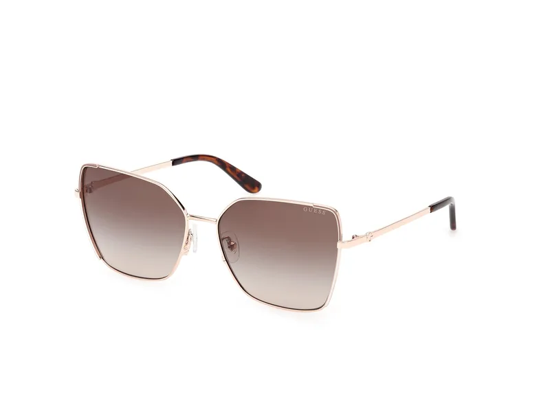 Guess GU00192 sunglasses in Shiny Rose Gold (28F), rose gold metal butterfly frame with brown gradient lenses and havana temple tips, front three-quarter view