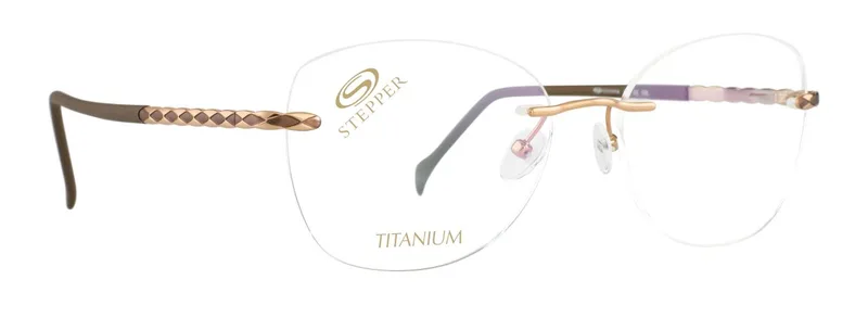 Stepper SI-98852 F031 rose-gold and brown rimless titanium eyeglass frame, front three-quarter view on white