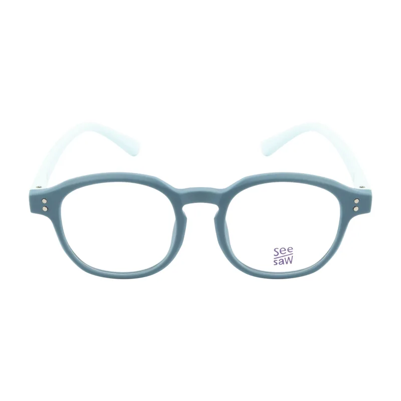 See Saw 1185 C2 faded blue round kids eyeglasses with light blue temples, straight front view